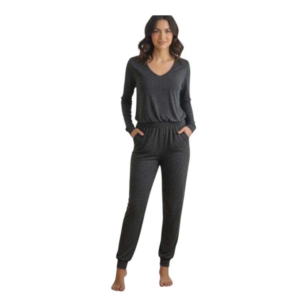 SERRA Jumpsuit Long Sleeve Pockets Henley VNeck Jogger Loungewear Gray Heather M